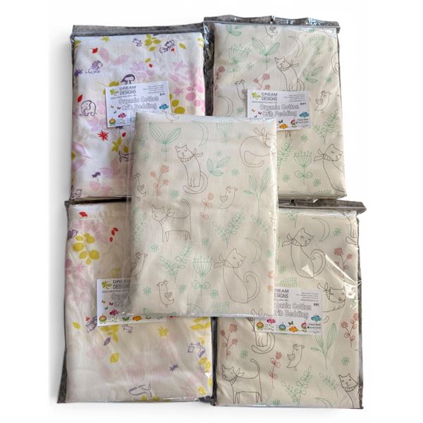 New Group of 5 Organic Cotton Crib Bedding & Blanket - Assorted designs, Total R.V. $445
