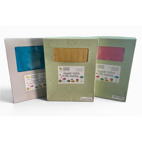 New Group of 3 Organic Cotton Crib Bedding -  approx. TOTAL R.V. $269.99