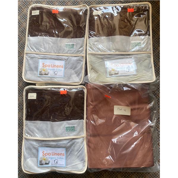New Group of 4 Organic Cotton Spa Linens Queen Flat Sheets - approx. R.V $258