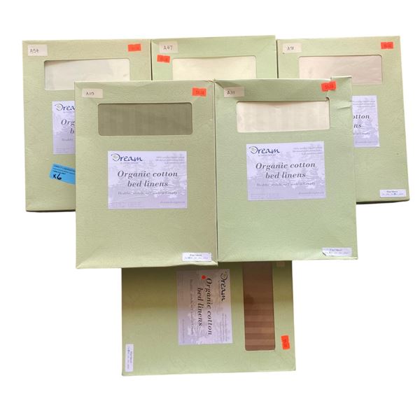 New Group of 6 Organic Cotton Double Bed Flat Sheets - includes Various Colors. Total R.V. $357