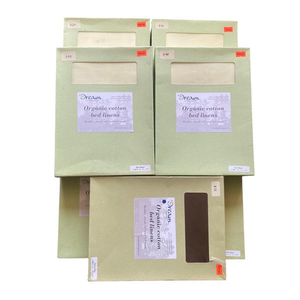 New Group of 6 Organic Cotton Double Bed Flat Sheets - includes Various Colors. Total R.V. $357