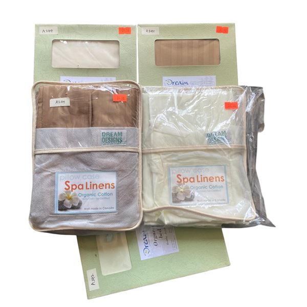 New Group of 5 Organic Cotton Spa Linens Pillow Cases  - Various Colors & Sizes. Approx. R.V $123