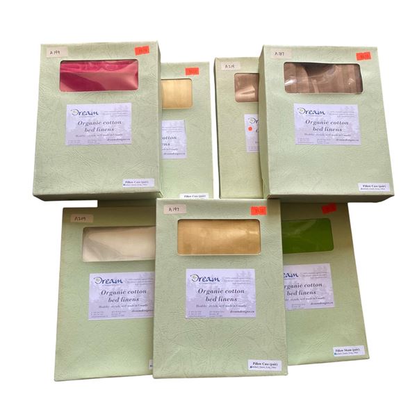 New Group of 7 Organic Cotton Spa Linens Standard Pillow Cases  - Various Colors. Approx. R.V $136