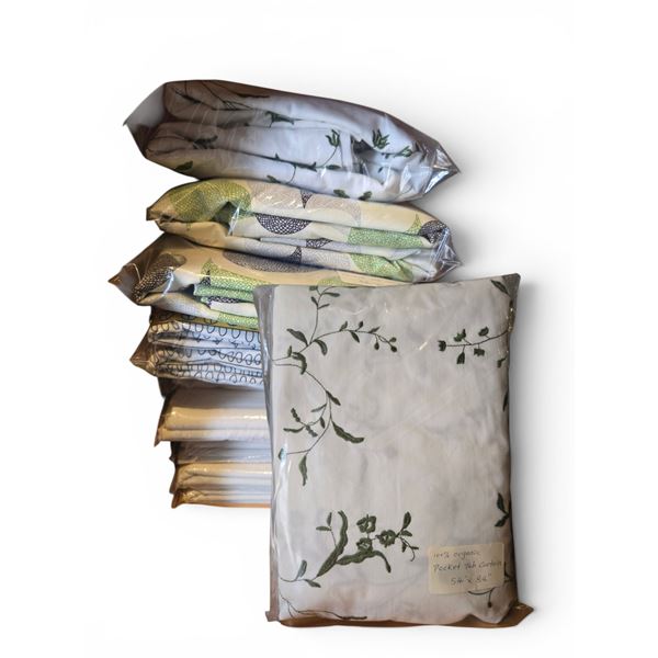 New Group of Assorted 100% Organic Pocket Tab Curtains 54" x 84" & Tiebacks -  Approx. 7 pcs, Variou
