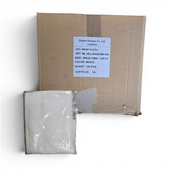 Box of New Wash Cloth, White, Size 30x30 cm (Approx. 120 Pcs) - R.V. $19.99/pcs
