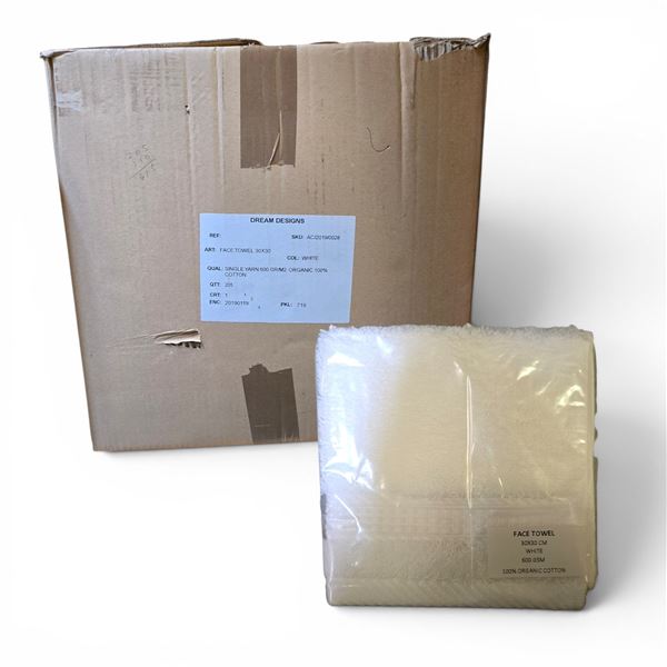 Group of New Organic 100% Cotton Face Towel, White, Size 30x30 cm (Approx. 205 Pcs) - R.V. $19.99/pc
