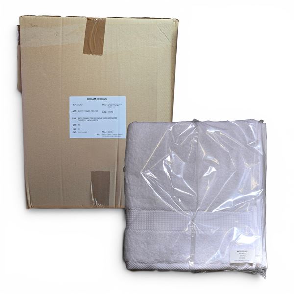 Box of New Organic 100% Cotton Bath Towel, White, Size 70x132 cm (Approx. 13 Pcs) - R.V. $89.99/pcs