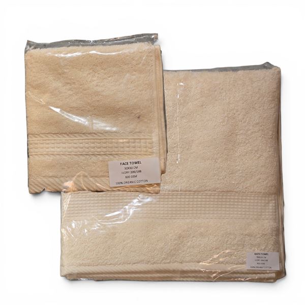 Box of New Mixed Organic 100% Cotton Bath and Face Towel, Ivory