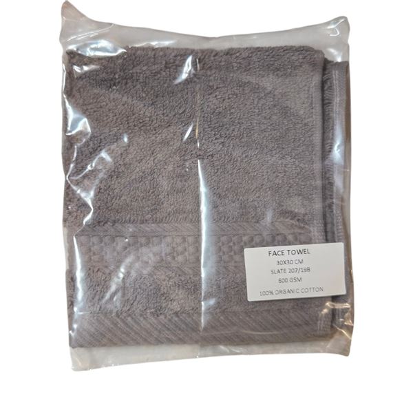 Box of New Organic 100% Cotton Face Towel, Slate, Size 30x30 cm (Approx. 207 Pcs) - R.V. $19.99/pcs