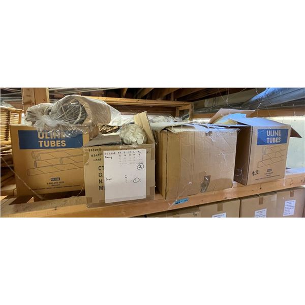 Shelf of Uline Tubes, Plastic Lids, and More