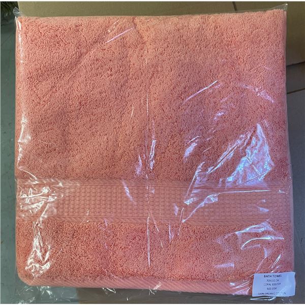 Box of New Organic 100% Cotton Bath Towel, Coral, Size 70x132 cm (Approx. 22 Pcs) - R.V. $89.99/pcs