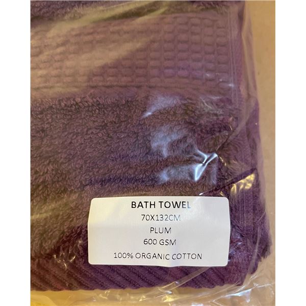 Box of New Organic 100% Cotton Bath Towel, Plum, Size 70x132 cm (Approx. 24 Pcs) - R.V. $89.99/pcs