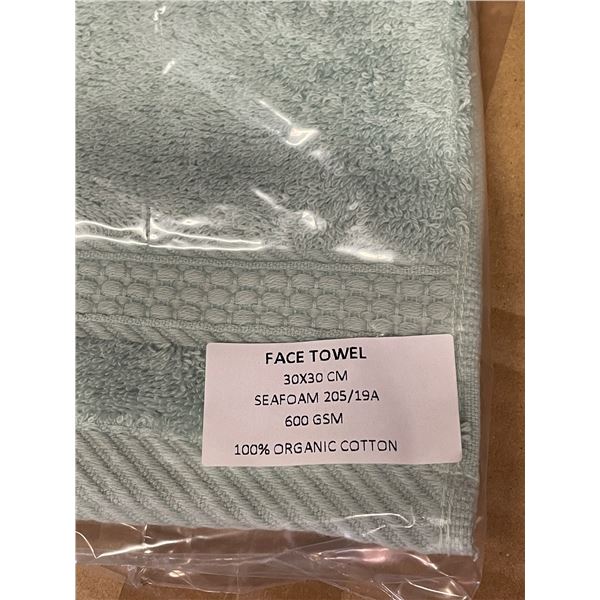 Group of New Organic 100% Cotton Face Towel, Seafoam, Size 30x30 cm - R.V. $19.99/pcs