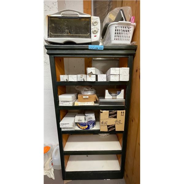 Black Shelf and Assorted Supplies, Toaster Oven, and More
