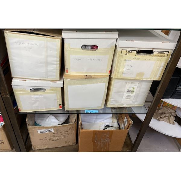 Group of Organic Hankies, Laundry Detergent Paper Bags, Fabric, and More