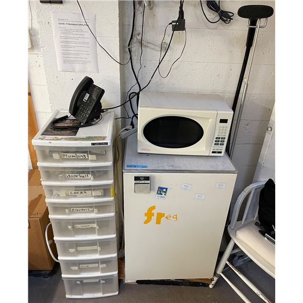 Mini Fridge, Microwave with Storage Drawers