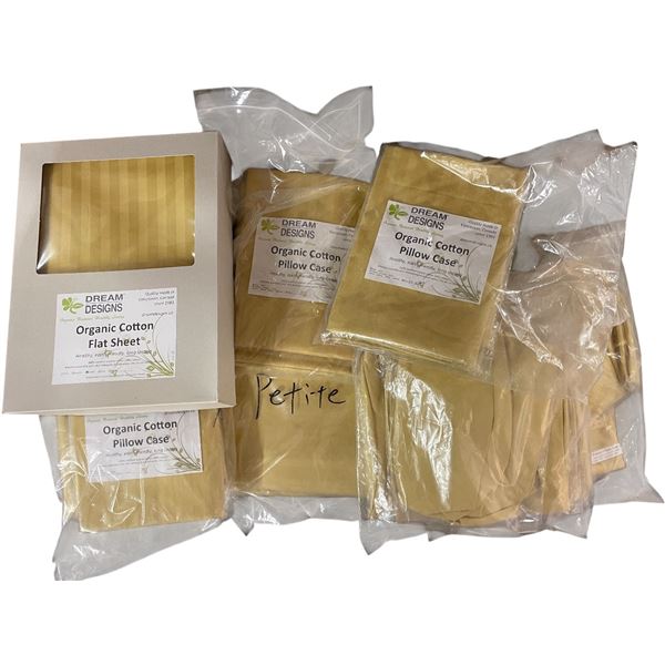 Group of New Organic Cotton Flat Sheet and Assorted Pillow Cases, Golden Beige (Sizes and Types May 