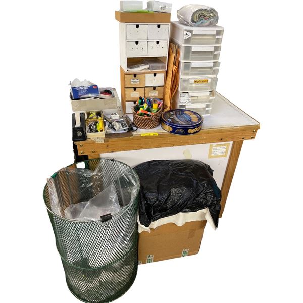 Group of Office Supplies, Plastic Drawer Unit, Mesh Basket Bin, and More