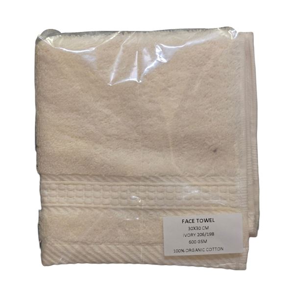 Organic Cotton Face Towels, Ivory - Size: 12" x 12", 600 GSM / approx. Quant: 232 pcs (1 Box). R.V. 
