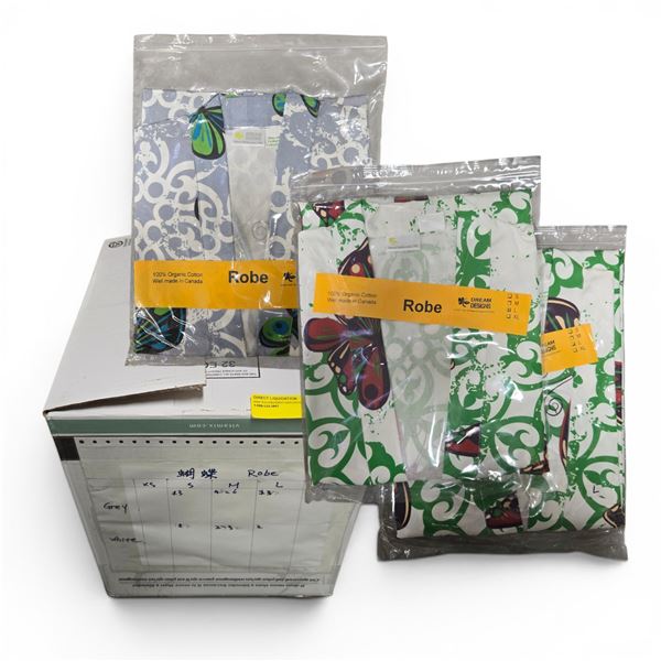 Organic Cotton Robes - includes Grey & Green Patterns, assorted Sizes. Approx. 20 pcs (1 Box). R.V. 