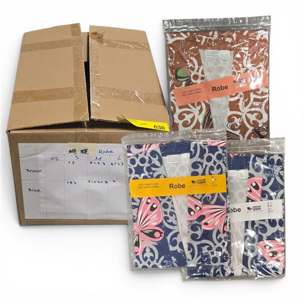Organic Cotton Robes - includes Brown & Blue Patterns, assorted Sizes. Approx. 17 pcs (1 Box). R.V. 