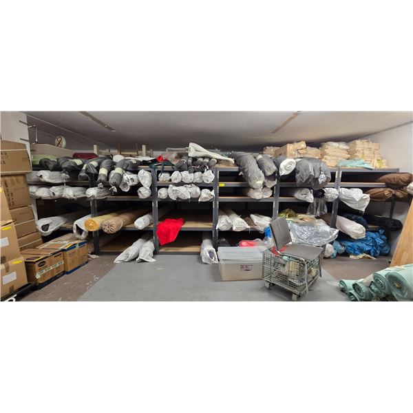 Large Group of Assorted Fabric Rolls - Between 80 to 130 Meters per Roll. Assorted Sizes, patterns, 