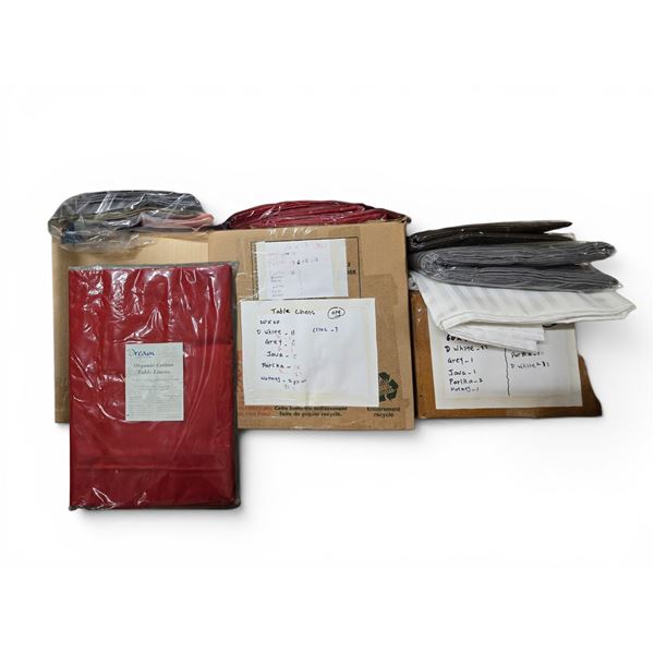 Large Lot of Organic Cotton Sateen Table Linens - Assorted Sizes & Colors. 3 boxes.