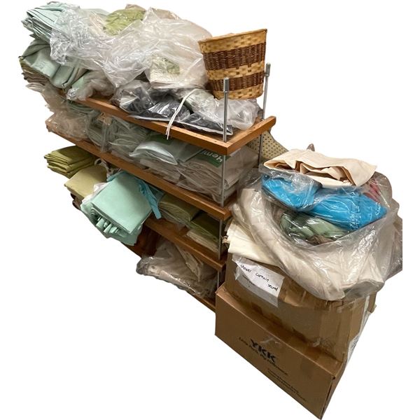 Large Group of Hemp Shower Curtains, Assorted Folded Fabrics and Textiles - with Shelf (Approx. W60"