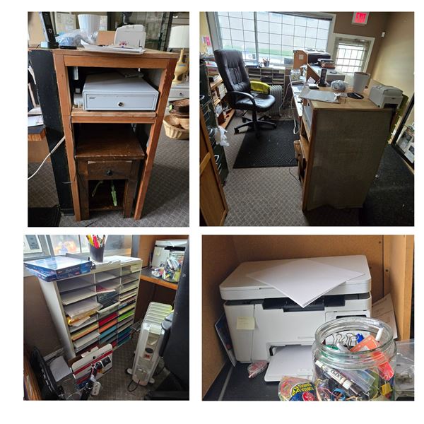Office Furniture & Supplies Lot - includes Chair/Printer/Filing Cabinet/Shelf/Cashier/Wooden 4-Tier 