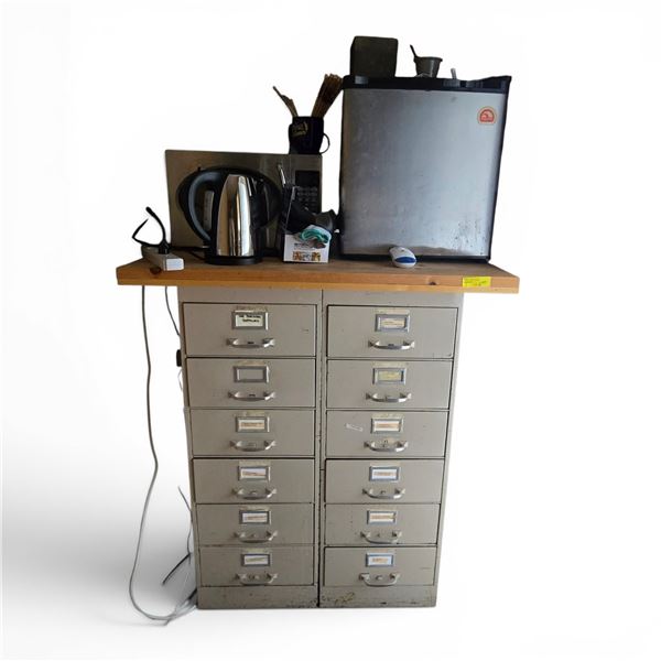 Filing Cabinet & Kitchen Appliances - includes Igloo Mini-Fridge (Working Condition)/Kettle/Microwav