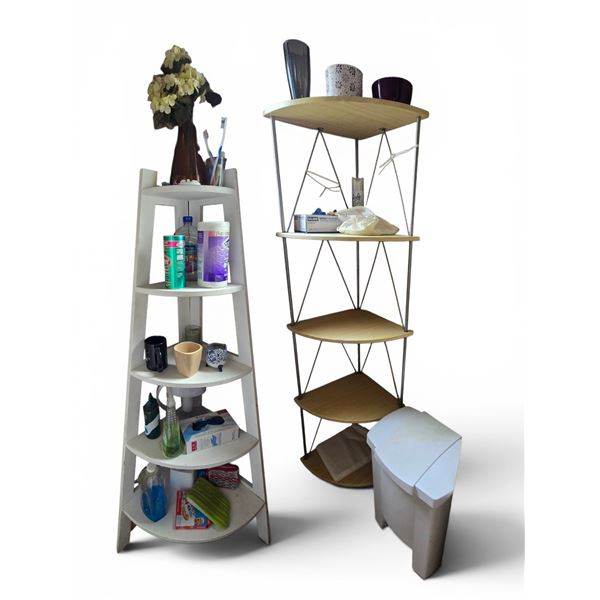 Group of 2 Corner Shelves & Cleaning Supplies - includes contents