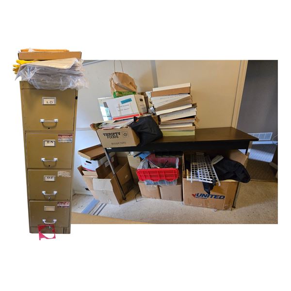 Misc. Group Lot of Supplies & Wooden Table - includes Filing Cabinet & more