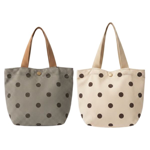 6-Pcs New Polka Dot Corduroy Tote Bags - RV: $120 - Grey & Cream, Approx. 10" x 7.5" Each