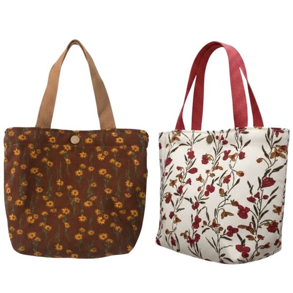 6-Pcs New Floral Corduroy Tote Bags - RV: $120 - Brown & White, Approx. 9.5" x 8" Each
