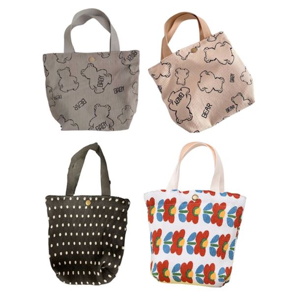 12-Pcs New Assorted Graphic Corduroy Tote Bags - RV: $210, Approx. 7.5" x 7.5" / 7.5" x 9.5" / 9.5" 