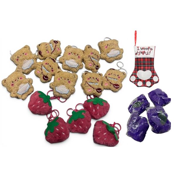 28-Pcs New Assorted Plush Bear & Strawberry Keychains with 9 Plaid Paw Stockings - RV: $230
