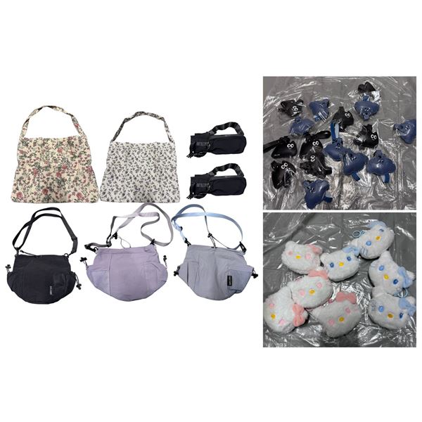 30+ Pcs New Nylon Bags, Floral Totes, Waist Packs, Keychains - RV: $240 - Mixed Styles & Colours