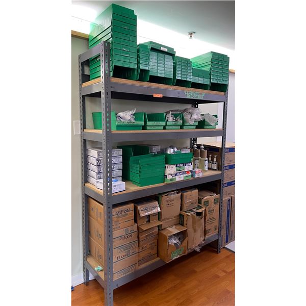Metal Shelving Unit with Contents: Green Shelf Bins, Disposable Cups, Nitrile Gloves, Hand Soap & Mi