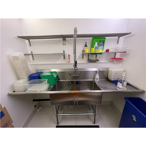 Stainless Steel Commercial Sink with Overhead Shelving, Sprayer Faucet & Contents