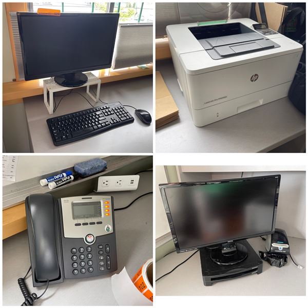 Group of Contents - Office Electronics Group: Monitor w/ Keyboard & Mouse, HP LaserJet Pro M402dw, C