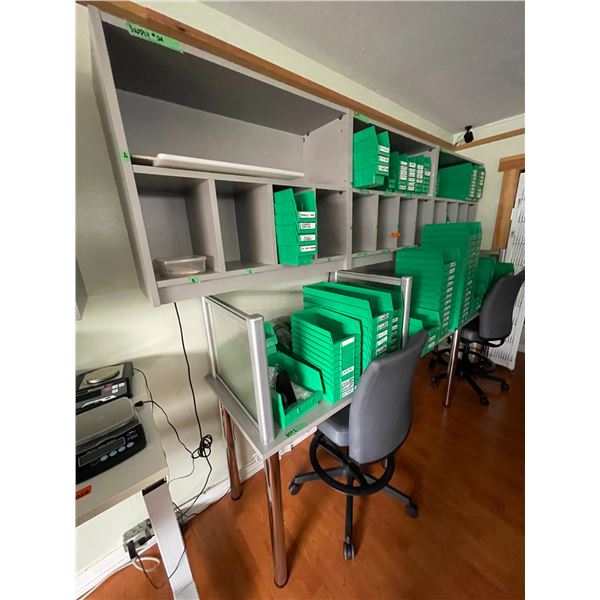 Wall-Mounted Cubby Shelving with Large Qty Green Shelf Bins, Stainless Steel Work Table & (2) Drafti