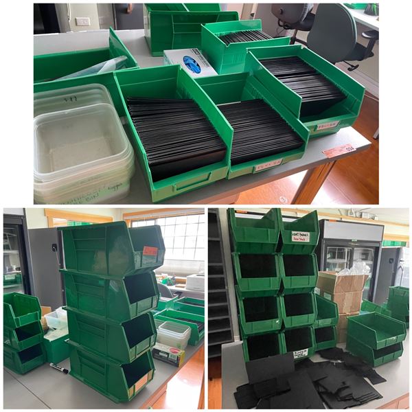 Large Qty Assorted Green Plastic Shelf Bins & Parts Bins with Black Plastic Dividers