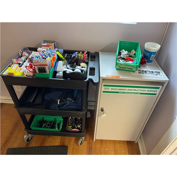 3-Shelf Utility Cart with Assorted Office Supplies & Locking Document Destruction Cabine