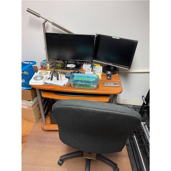 Computer Desk & Chair with Contents: BenQ & ViewSonic Dual Monitors, Desk Lamp, Assorted Batteries, 