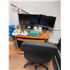 Image 1 : Computer Desk & Chair with Contents: BenQ & ViewSonic Dual Monitors, Desk Lamp, Assorted Batteries, 
