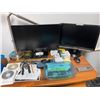 Image 2 : Computer Desk & Chair with Contents: BenQ & ViewSonic Dual Monitors, Desk Lamp, Assorted Batteries, 