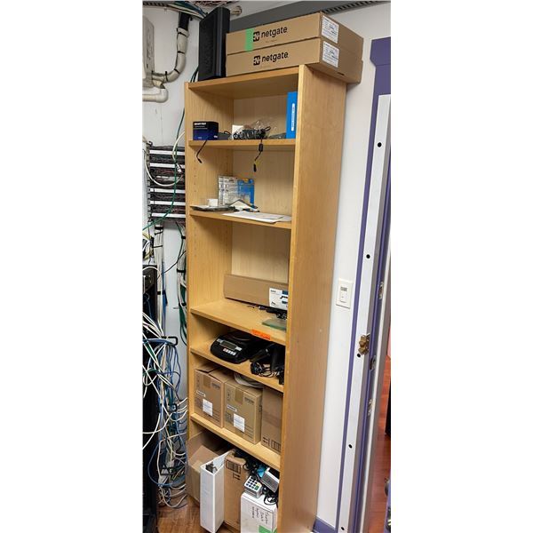 Bookshelf Cabinet with Contents: Netgate Firewall Appliances (x2), Epson Peripherals, Digital Scale,