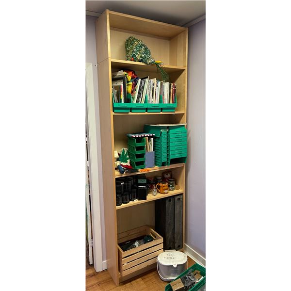 Tall Bookcase with Contents: Assorted Books/Magazines, Green Shelf Bins, Smokus Focus Stash Jars, No