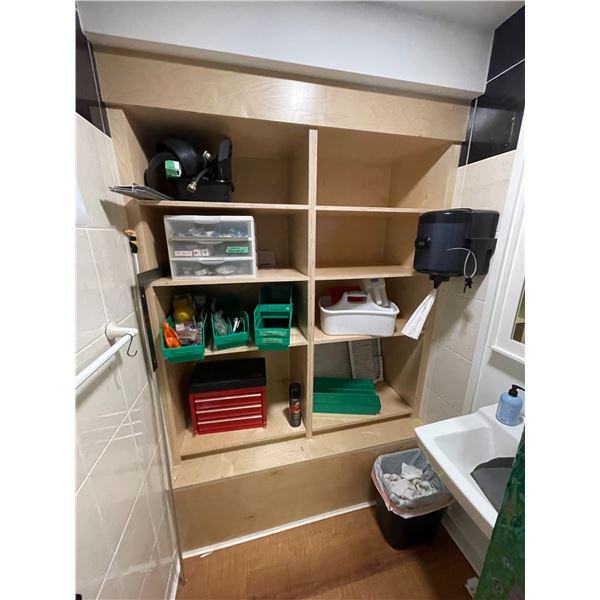 Shelving Contents: Small Drawer Parts Organizer, Red 4-Drawer Tool Chest, Green Shelf Bins, Cleaning