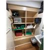 Image 1 : Shelving Contents: Small Drawer Parts Organizer, Red 4-Drawer Tool Chest, Green Shelf Bins, Cleaning